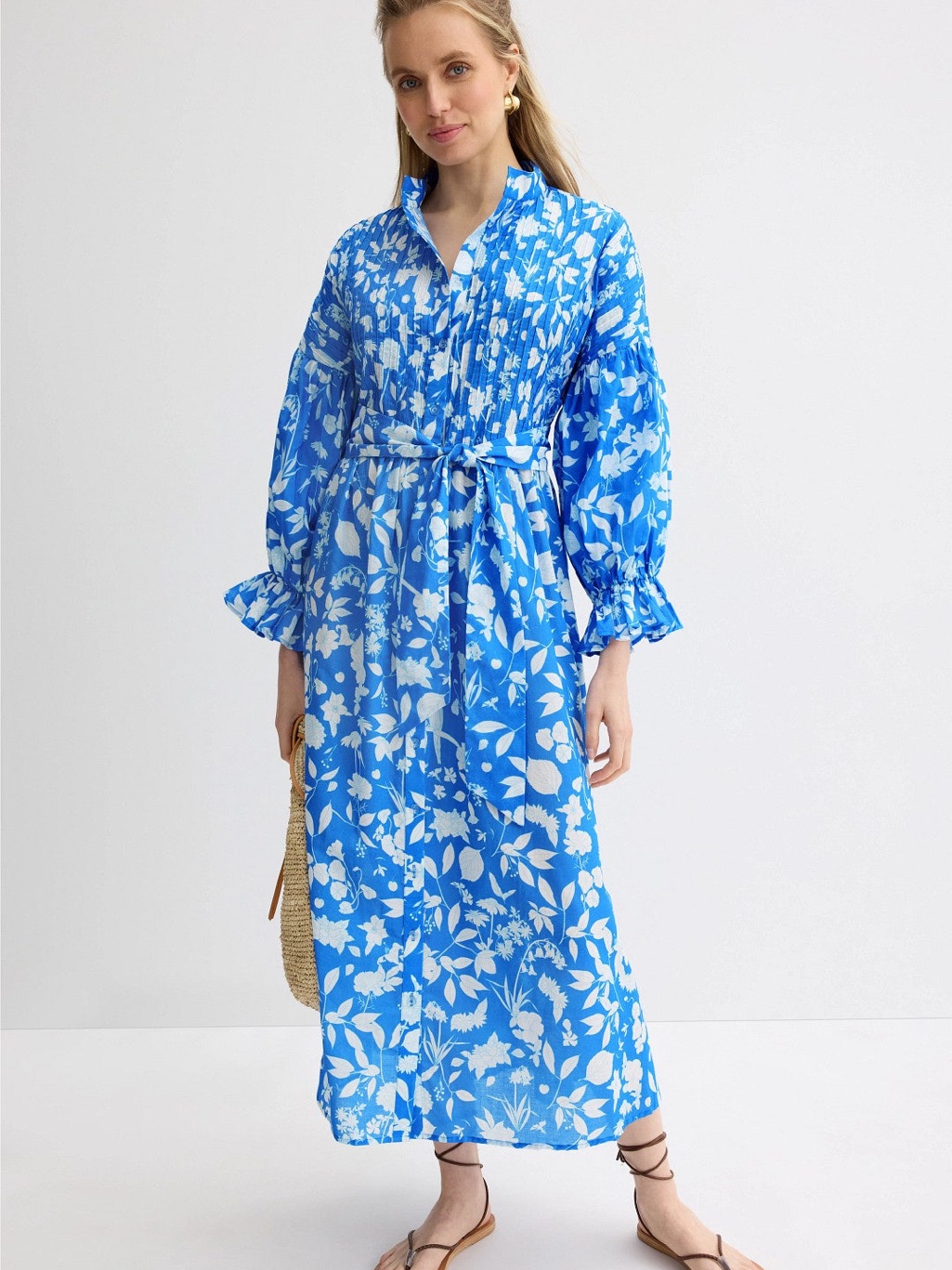 Blue Floral Maxi Dress With Belt